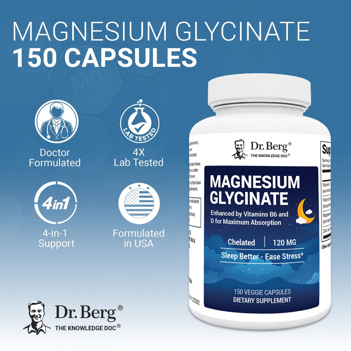 Dr. Berg Magnesium Glycinate with Vitamins D3, B6 & Zinc – 120mg Magnesium per Serving, 150 Capsules