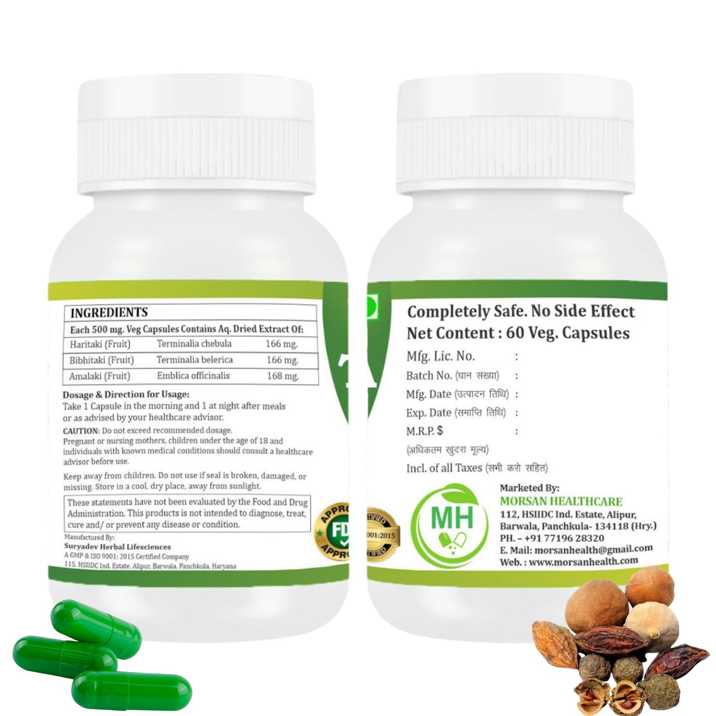Morsan Healthcare TRIPHALA Capsules – 60 Veg Capsules | Blend of Amla, Haritaki & Bibhitaki | Natural Ayurvedic Herbal Supplement | Plant-Based Formula | Pack of 2
