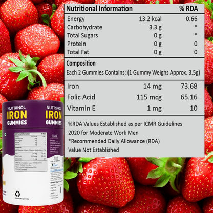 Knoll Healthcare Nutrinol Iron Gummies With Folic Acid & Vitamin E | Strawberry Flavour | No Sugar Added | 30 Gummies | Supports Hemoglobin, Energy & Immunity (Pack Of 2)