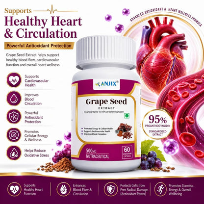 ANJIX Grapes Seed Extract 500mg Capsules, Antioxidant Supplement, Promote Healthy Hair And Skin And Good Health, Healthy Cholesterol Level, Boost Immunity, 60 Veg capsules