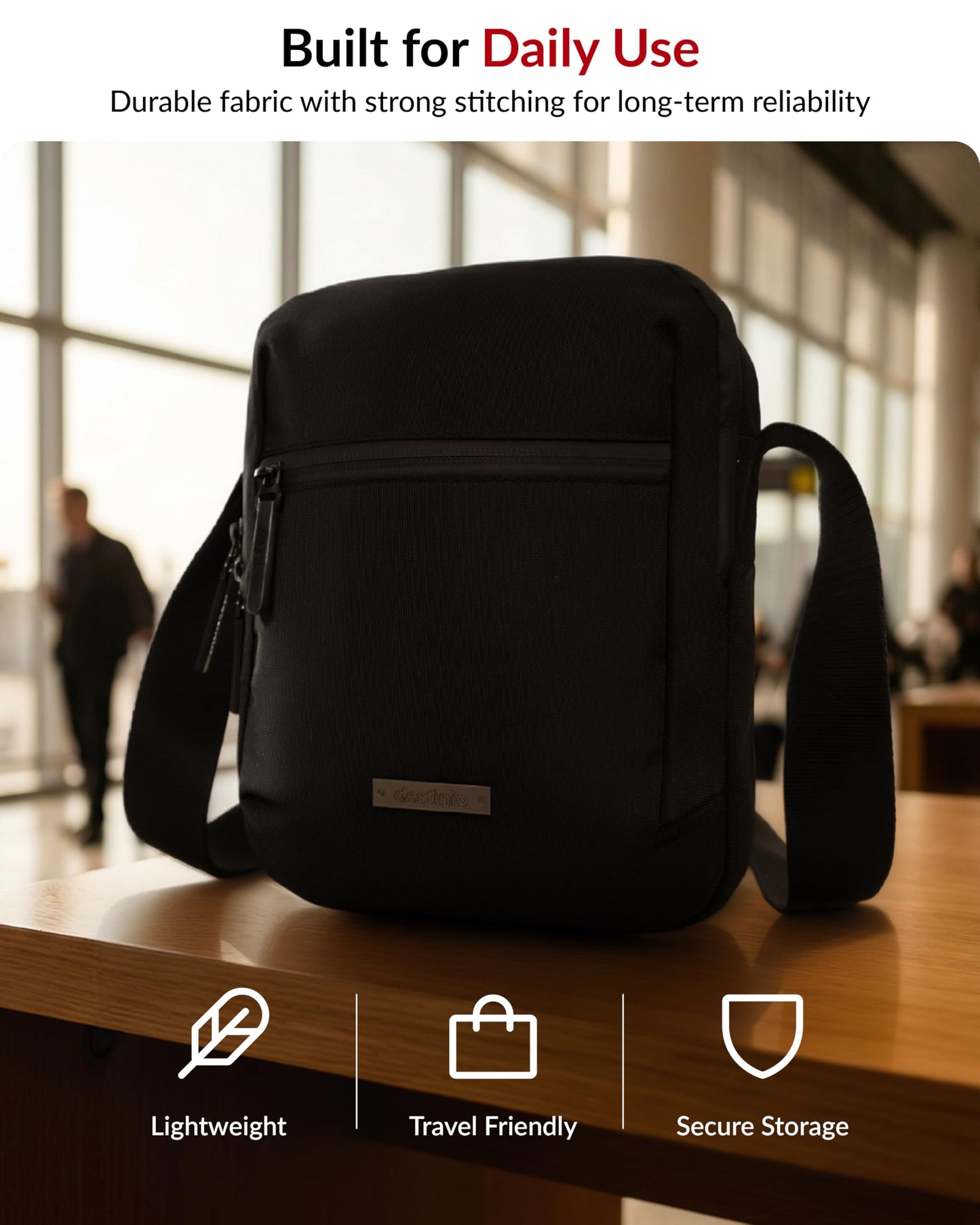 Destinio Padded Sling Bag for Men & Women | Lightweight Side Shoulder Bag | Crossbody Carry for Travel & Daily Use | Mobile Passport Cash Storage | Water Resistant Zipper | Anti Theft Lock (Black)