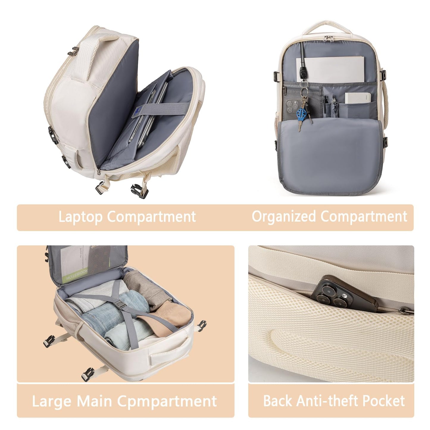 Evmyo 47L Travel Backpack for Women Men, Carry On Backpack Flight Approved, 17.3 Inch Laptop Backpack, Large Off White, Large, Travel