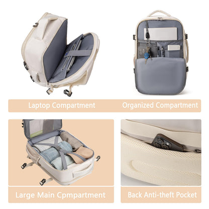 Evmyo 47L Travel Backpack for Women Men, Carry On Backpack Flight Approved, 17.3 Inch Laptop Backpack, Large Off White, Large, Travel