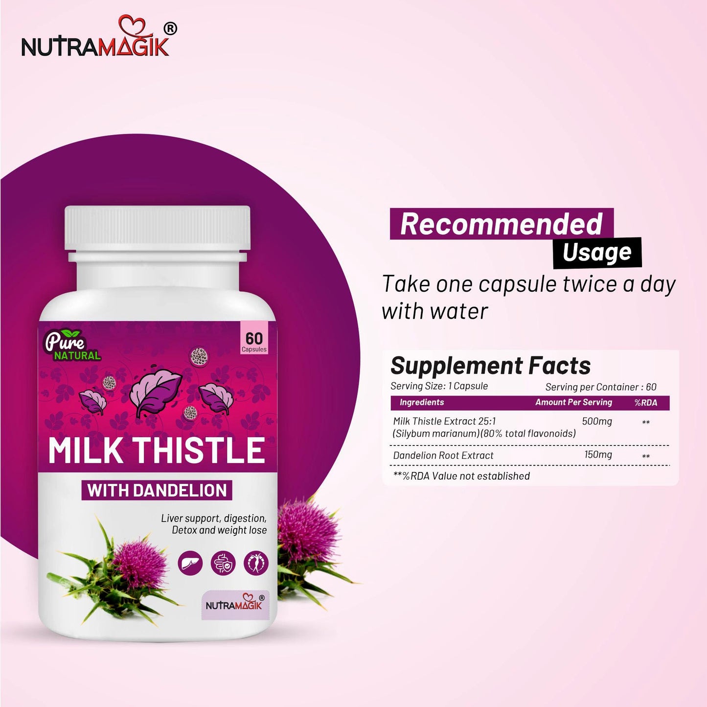 Nutramagik Milk Thistle with Dandelion Root Extract - Detox and Liver Support Blend (60 Capsules, 1)