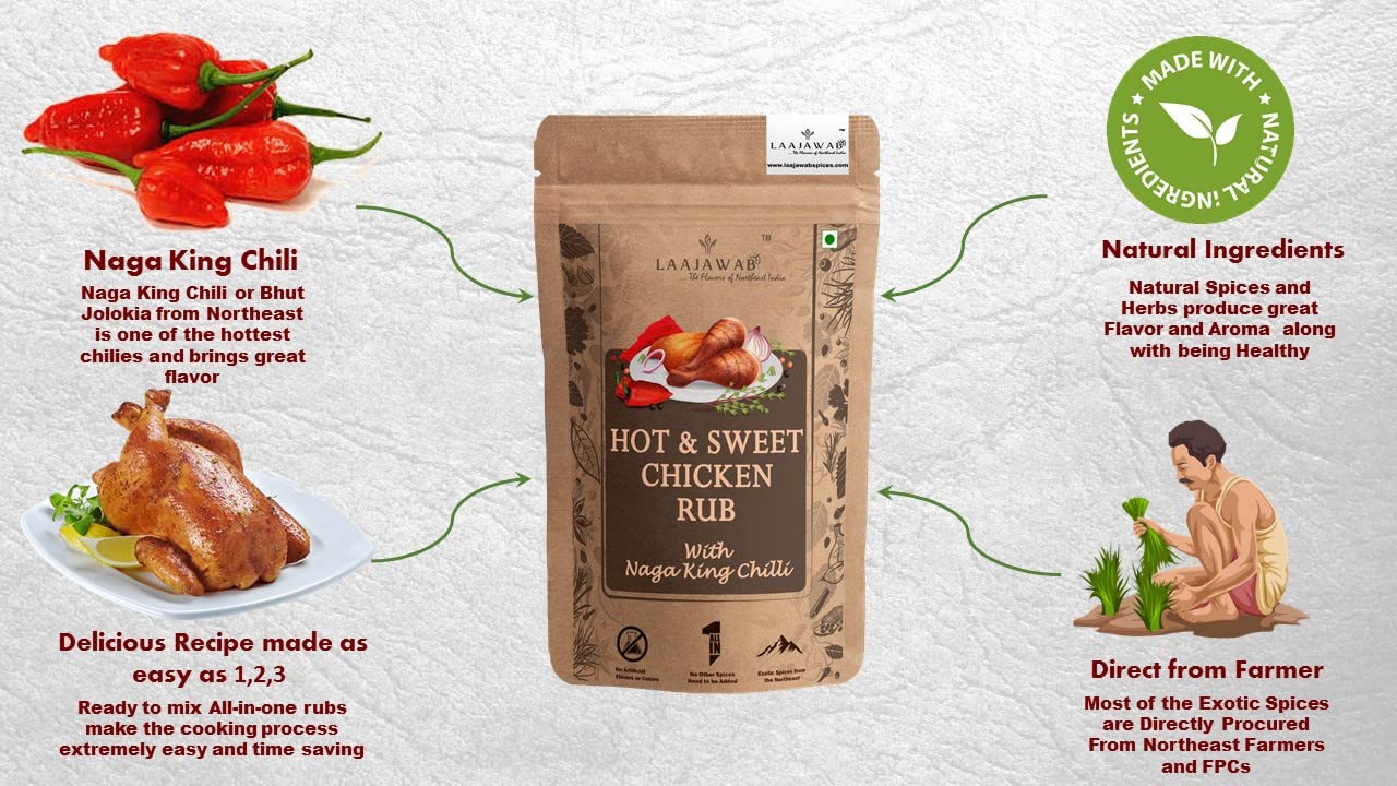 Laajawab Hot & Sweet Barbeque Marinade Rub For Superfast & Delicious Bbq, Grill Chicken Preparation | Natural Spices, Get Tender & Juicy Chicken In 10 Mins, 130 gram