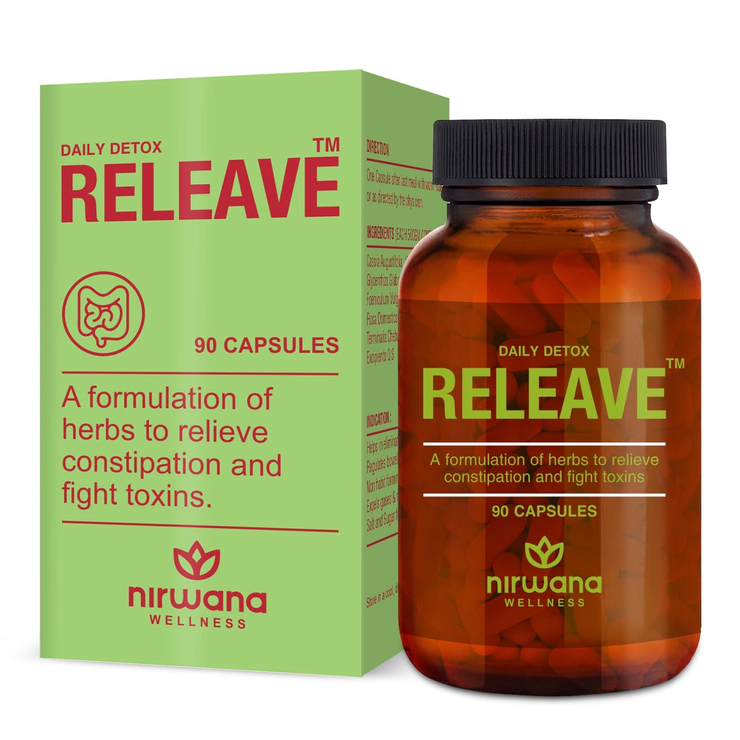 Nirwana Releave Capsule For Constipation,Gas,Acidity & Bloating Relief|Natural Herbal Gut Cleanse & Detox|Improves Digestion,Clean & Lubricate Bowel|100% Herbal Formula|90Capsules