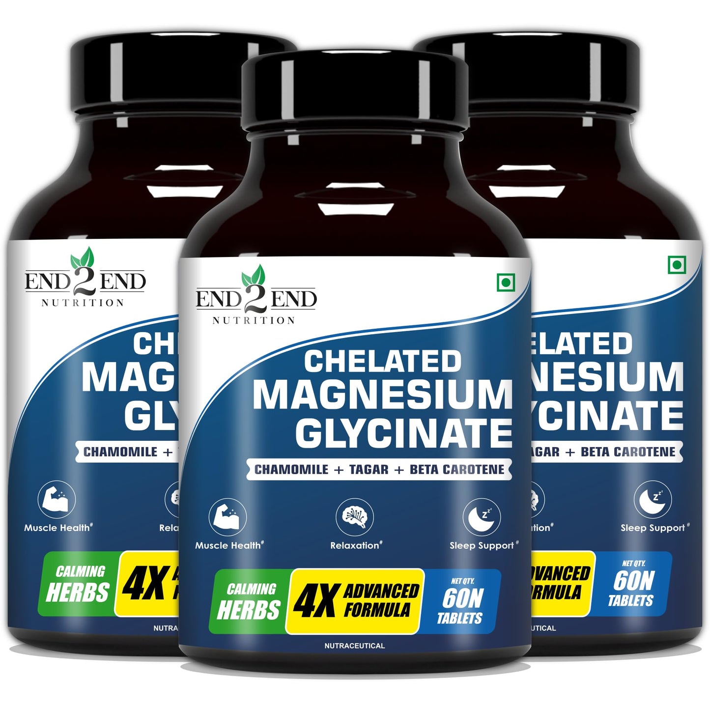 End2End Nutrition Magnesium Glycinate with Chamomile, Tagar, Beta Carotine and Vitamin B6 | High Absorption Magnesium Supplement Supports Better Sleep & Muscle Recovery - (Pack of 3) 180 Tablets