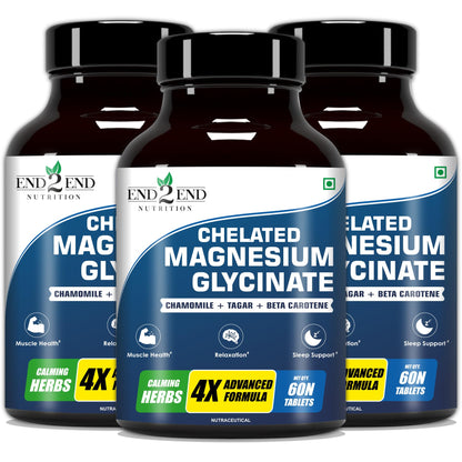 End2End Nutrition Magnesium Glycinate with Chamomile, Tagar, Beta Carotine and Vitamin B6 | High Absorption Magnesium Supplement Supports Better Sleep & Muscle Recovery - (Pack of 3) 180 Tablets