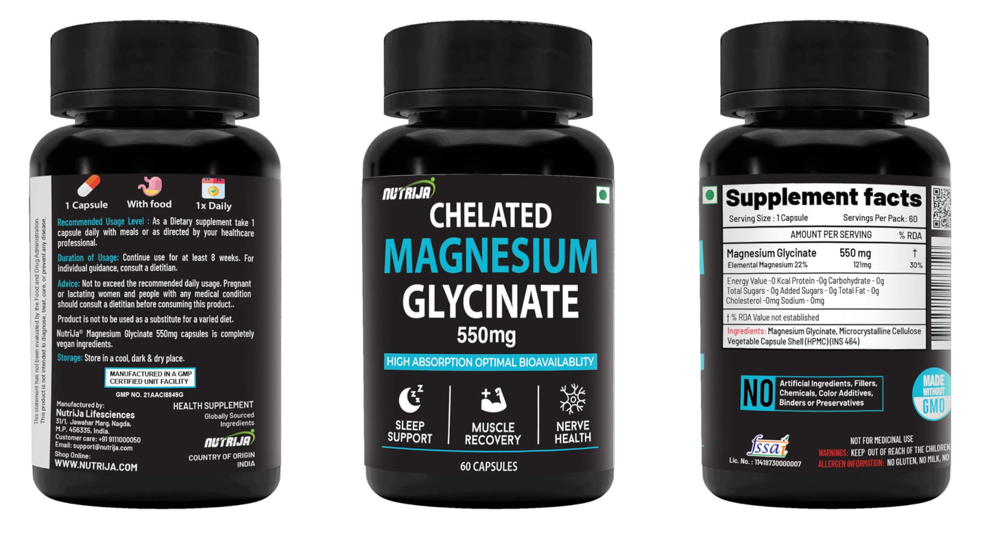 NutriJa Magnesium Glycinate 550mg | 121mg Elemental Magnesium | Chelated Magnesium Supplement for Sleep, Relaxation, Muscle & Nerve Support | 60 Vegetarian Capsules