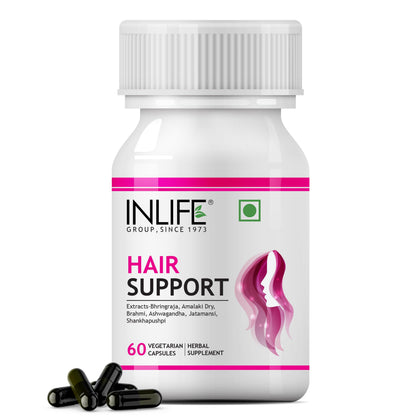 INLIFE Hair Support 500mg, Bhringraj Brahmi Ashwagandha, 60 Veg Capsules (Pack of 1, 60)