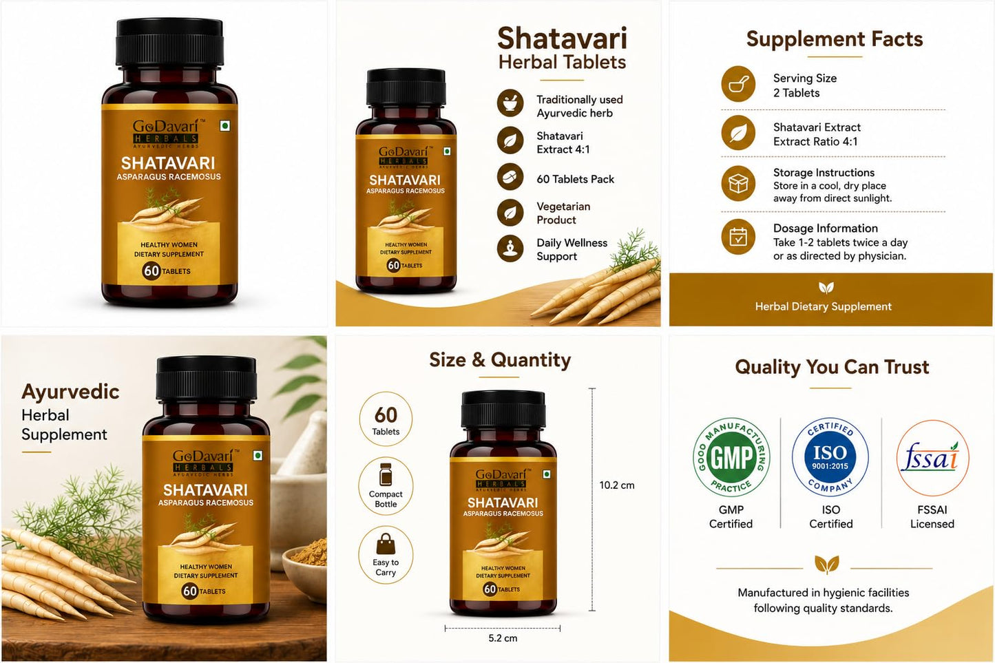 GoDavari Herbals Shatavari Asparagus Racemosus Tablets, 60 Tablets, 250mg, Healthy Women Dietary Supplement