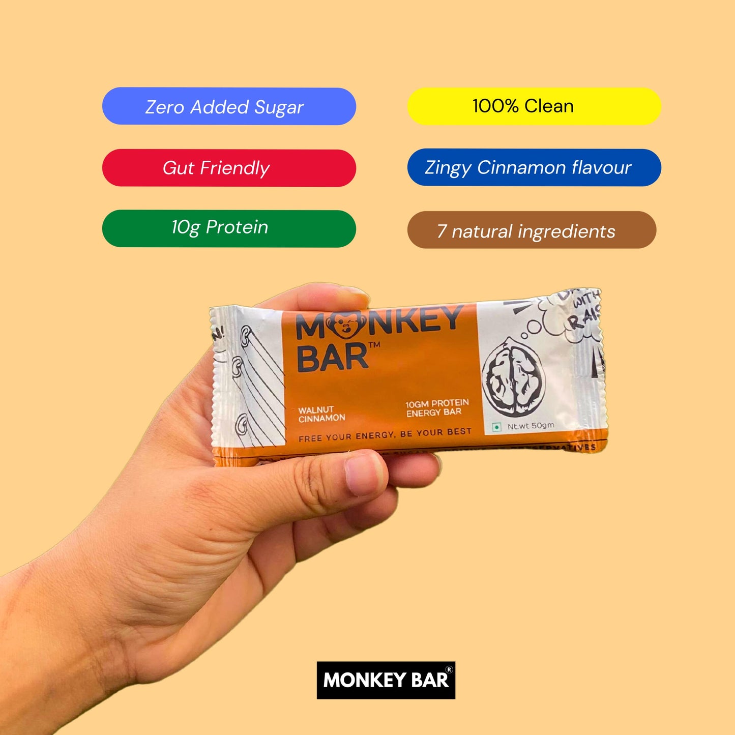 MONKEY BAR - Walnut Cinnamon Protein Bar - 8 Bars, 50g each, 10g Protei- image 4