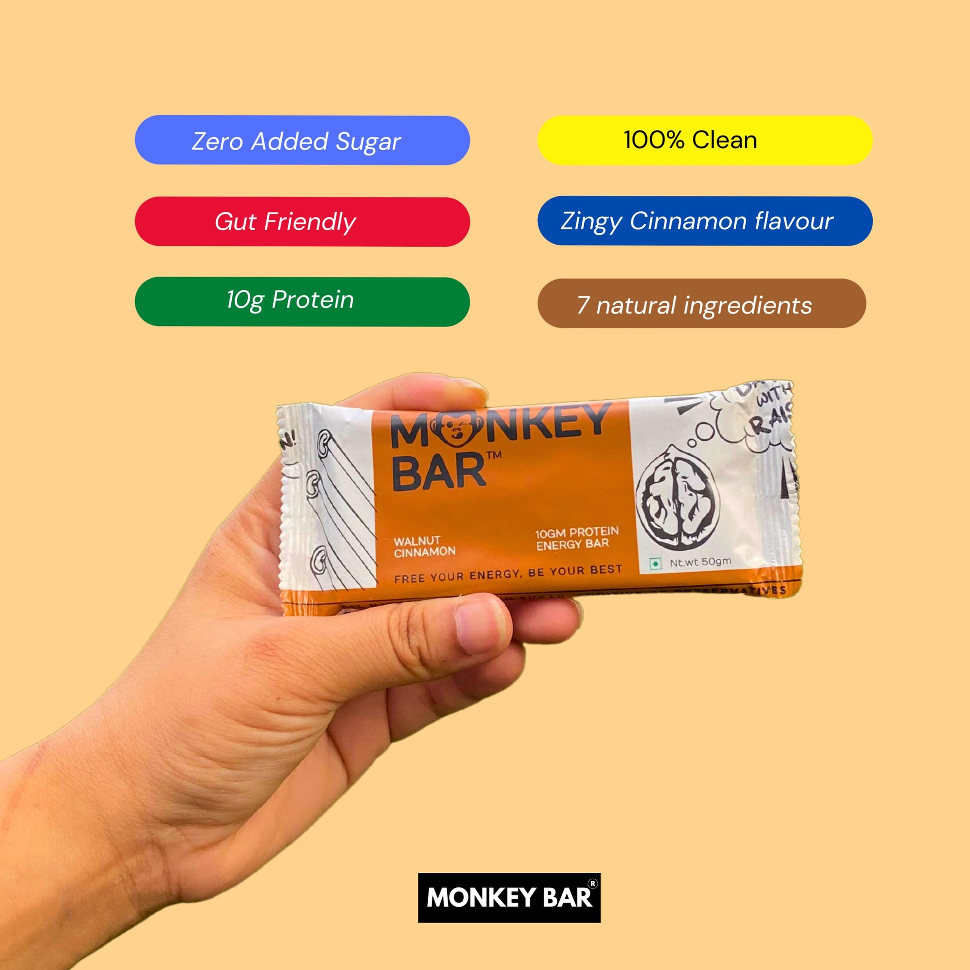 MONKEY BAR - Walnut Cinnamon Protein Bar - 8 Bars, 50g each, 10g Protei- image 4