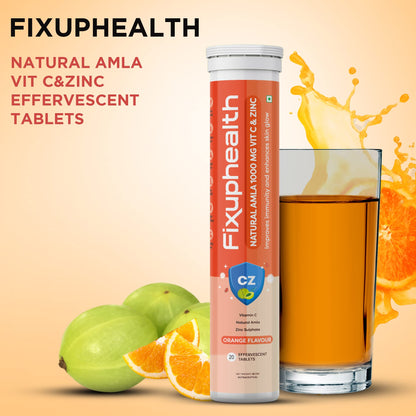 FIXUPHEALTH Amla Vitamin C and Zinc Effervescent Tablets Orange Flavor-antioxidants-immunity-skincare - (20 Tablets)