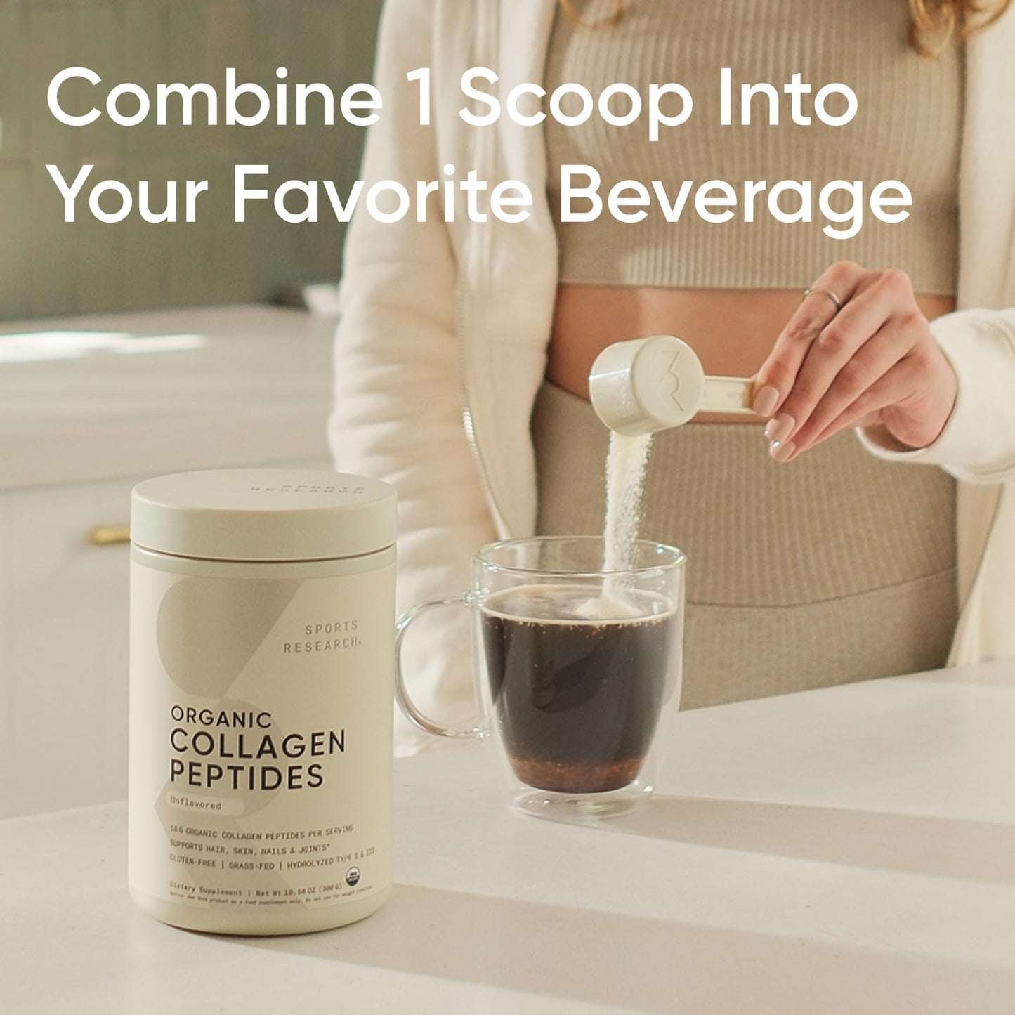 Sports Research Organic Collagen Peptides Unflavored Dietary Supplement Powder, 300g