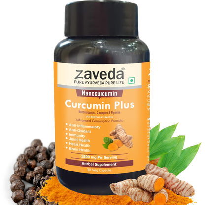 Zaveda Nano Curcumin Plus 1500mg| High absorption Pure Nano Curcumin with Biopiperine | Ayurvedic | Antioxidant & Anti-inflammatory - Skin, Heart, Joint Support |Veg Caps 30