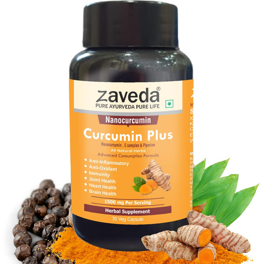 Zaveda Nano Curcumin Plus 1500mg| High absorption Pure Nano Curcumin with Biopiperine | Ayurvedic | Antioxidant & Anti-inflammatory - Skin, Heart, Joint Support |Veg Caps 30
