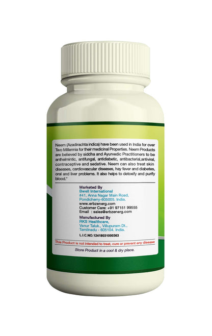 ERBZENERG Neem (Azadirachta indica) Indian lilac 500mg 60 Capsules (Pack of 2)