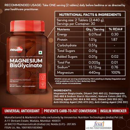 Neulife Magnesium Bisglycinate 440 mg Supplement | High Absorption-High Potency Formula | Supports Sleep, Recovers Muscles | (60tabs)