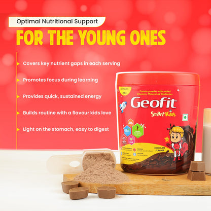 Geofit Smart Kids Protein Powder Chocolate – Pack of 2 (250g Each) | For Children Aged 4–6 Years | 18 Nutrients for Growth & Immunity | With DHA, Probiotics, Antioxidants & Energy Boosting Support