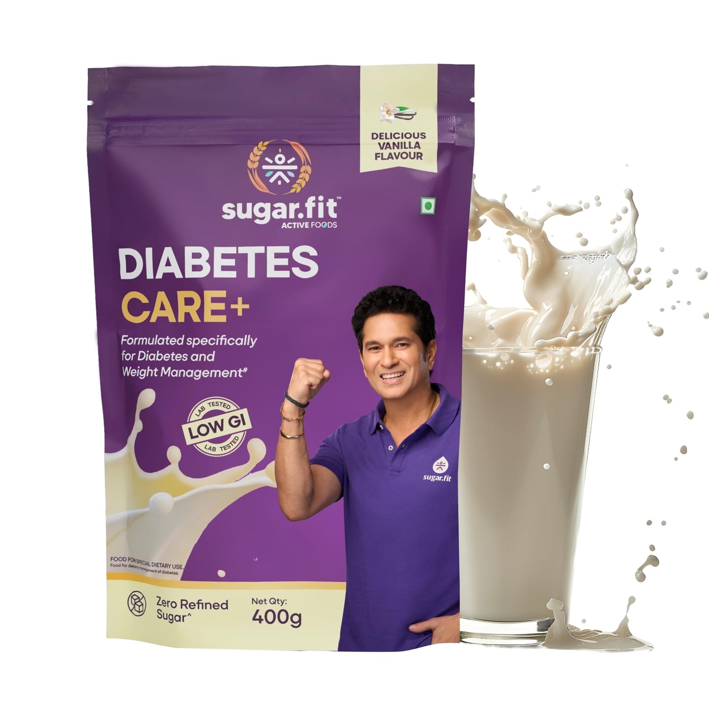 Sugar.fit | Active Foods Diabetes Care+ Supplement Powder 400g, High-Protein Soy & Whey Blend, 30 Vitamins & Minerals, Low GI, Zero Refined Sugar, Vanilla Flavour