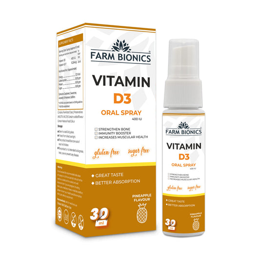 FARM BIONICS Vitamin D3 400 Iu Spray Supplement, 30Ml | Vitamin D3 Booster Oral Spray | 100% Vegetarian | Sugar And Gluten Free | Immunity Booster Spray For Men And Women (Pineapple)