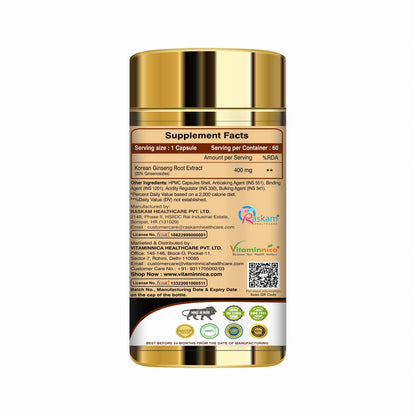 Vitaminnica Korean Ginseng Extract | Supports Stamina, Energy, Vitality, Strength | 60 Veg Capsules (Pack of 1)