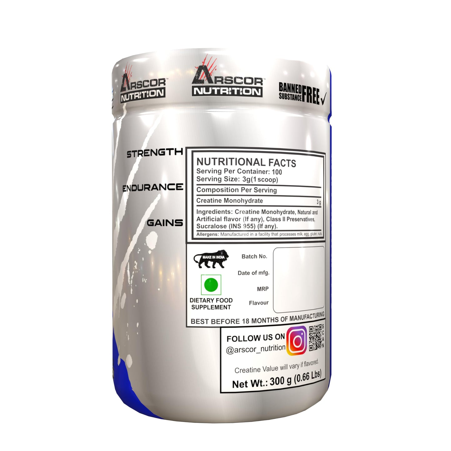 Arscor's Creypure Pure Creatine Monohydrate Powder – Creatine Powder, Pre Workout & Gym Supplement, Non-GMO & Gluten-Free (300g, Mango)