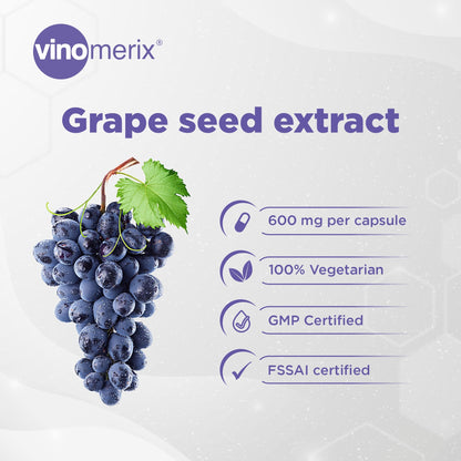 Vinomerix - Antioxidant, Grape seed extract | 95% Polyphenols | Helps in reducing blood pressure, oxidative stress and improve blood circulation | 600 mg - 60 Veg Capsules