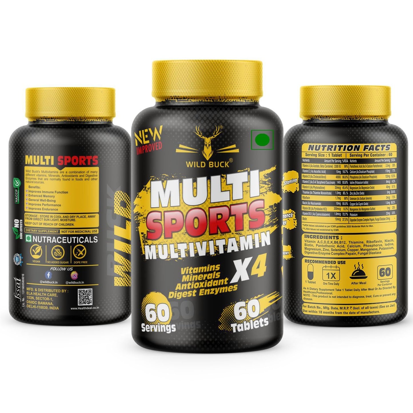 WILD BUCK Multi Sports Multivitamin X4 with Vitamins, Minerals, Antioxidants, Digestive Enzymes | Daily Supplement for Men & Women Energy, Brain, Heart, Eyes, Immunity, Digestion, Focus | - 60 Tablets