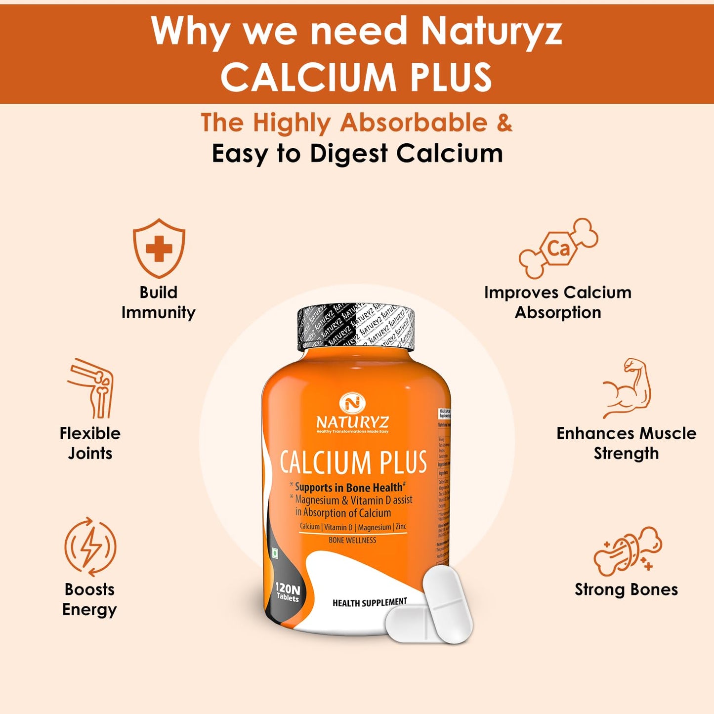 Naturyz Calcium Plus with Calcium Citrate, Vitamin D, Magnesium and Zinc Ideal Supplement for Bone Health & Joint Support of Men & Women - 120 Tablets