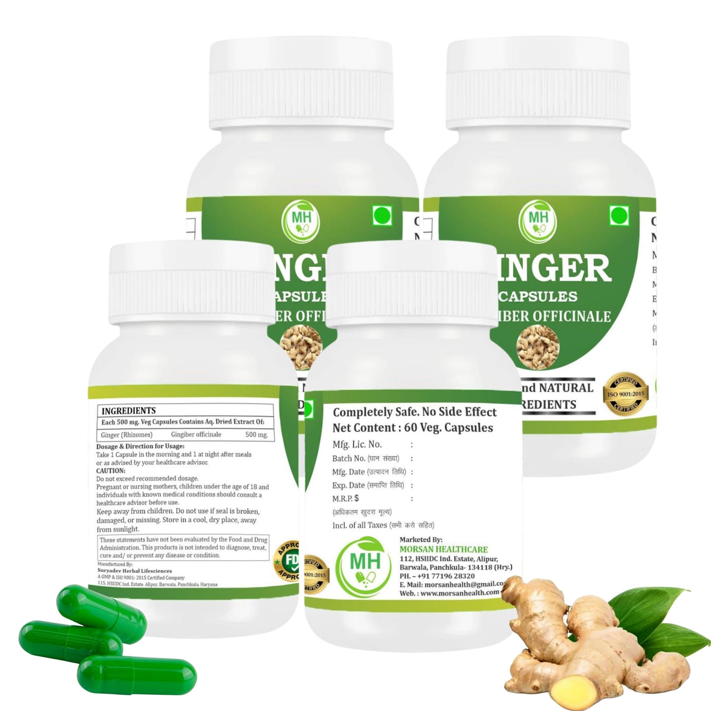 MORSAN HEALTHCARE | Ginger Capsules 500mg – 60 Count | 4 Pack | Vegetarian | Plant-Based | Herbal Supplement | No Artificial Additives | Gluten Free | Organic