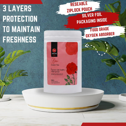 Tattva Adih Rose Green Tea - 100 grams 60+ Cups | For Glowing Skin | 100% Whole Leaf & Natural Rose Petals | Ziplock Pouch | Made with Whole Leaf & Natural Rose's Petals | Refreshing & Aromatic