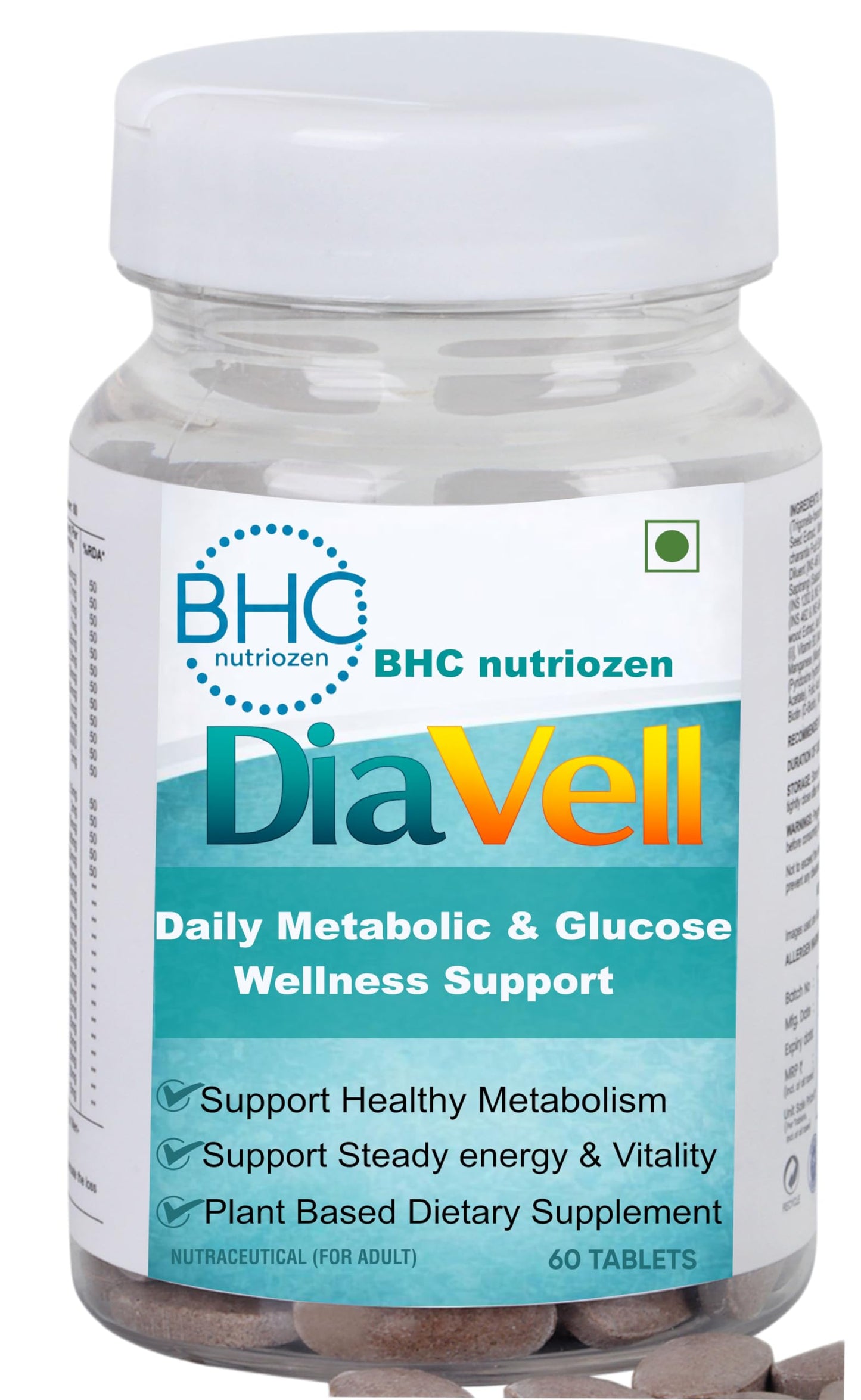 BHC nutriozen Diavell Diabetes Support Tablets | High Potency Blood Sugar Control Formula | Triple Action – Glucose Metabolism Support, Insulin Sensitivity & Sugar Craving Reduction | Weight Management with Vitamins & Minerals | 60 Veg Tablets