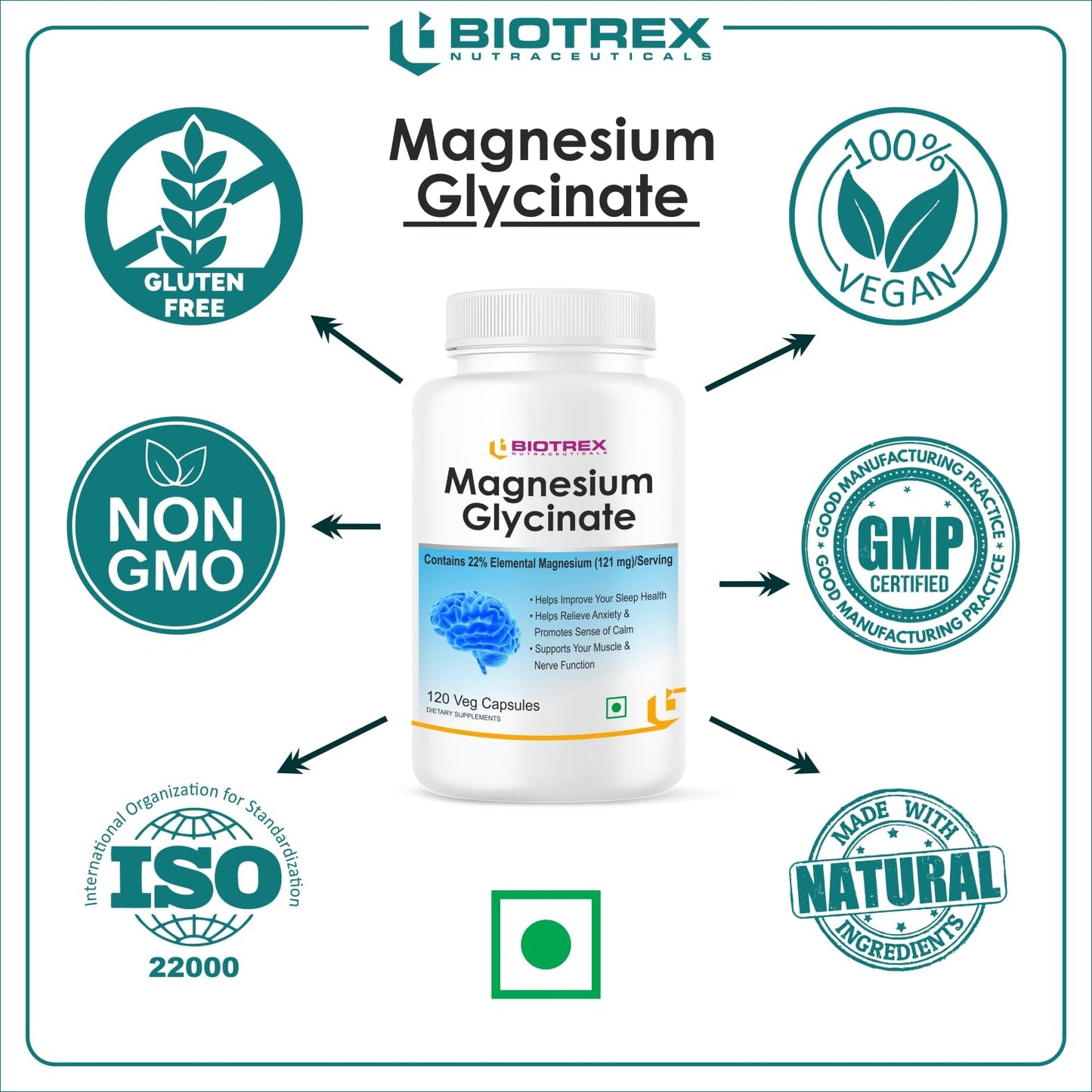 Biotrex Nutraceuticals Magnesium Glycinate | Highest Bioavailability | Cramps, Sleep & Mood balance | Chelated Form With Superior Absorption | Muscle Recovery & Nerve Function | 120 Veg Capsules