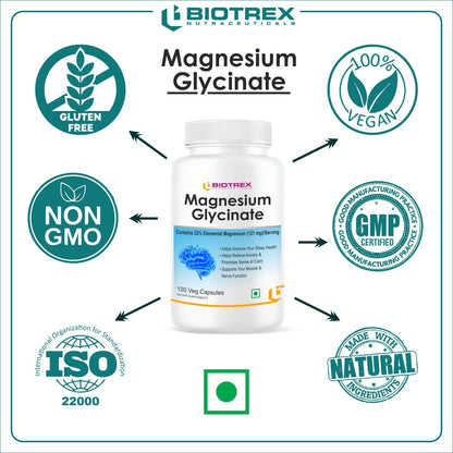 Biotrex Nutraceuticals Magnesium Glycinate | Highest Bioavailability | Cramps, Sleep & Mood balance | Chelated Form With Superior Absorption | Muscle Recovery & Nerve Function | 120 Veg Capsules