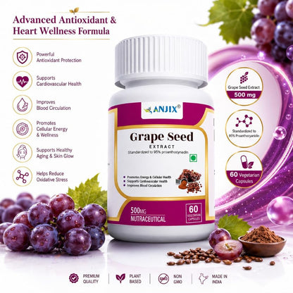 ANJIX Grapes Seed Extract 500mg Capsules, Antioxidant Supplement, Promote Healthy Hair And Skin And Good Health, Healthy Cholesterol Level, Boost Immunity, 60 Veg capsules