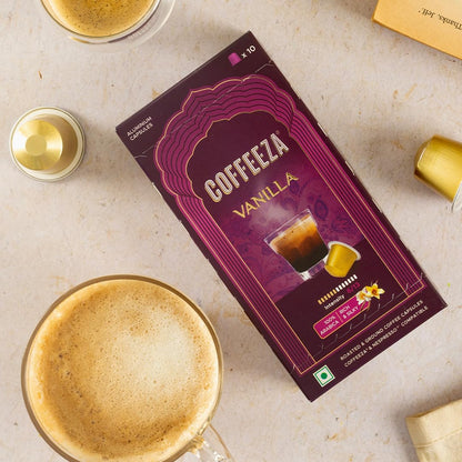 Coffeeza Vanilla Flavoured Coffee Capsules, Intensity - 6 | Aluminium Coffee Pods |100% Arabica | Box of 1 (10 Capsules)