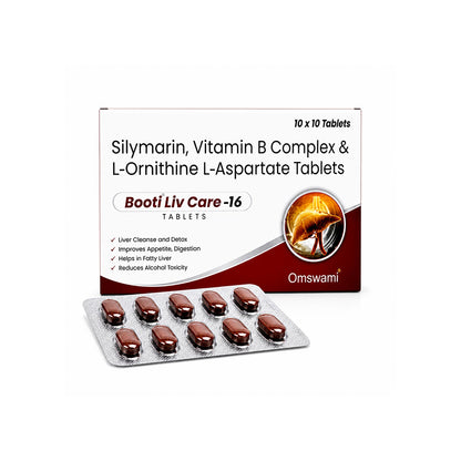 Om Swami Booti Liv Care-16 Tablets(Pack of 4) Silymarin, Vitamin B Complex & L-Ornithine L-Aspartate, Liver Cleanse and Detox, (10 Tablet in 1 pack).