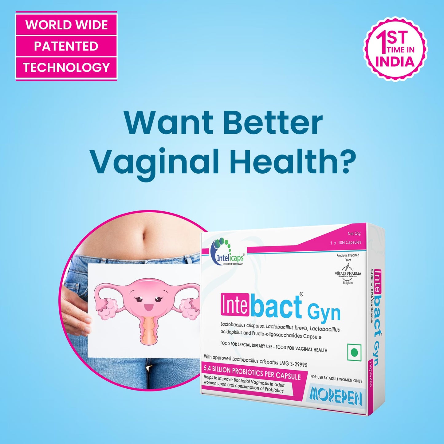 MOREPEN INTEBACT GYN 5.4 BN CFU Capsules | Probiotics Support for Intimate Health & Immunity Booster for Women | 10 Capsules Pack of 2