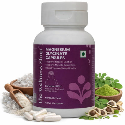 The Wellness Shop Magnesium Glycinate Capsules | High Absorption Supplement | Supports Better Sleep Stress Relief Muscle Recovery and Nerve Health | Helps with Cramps and Relaxation | 90 Veg Capsules