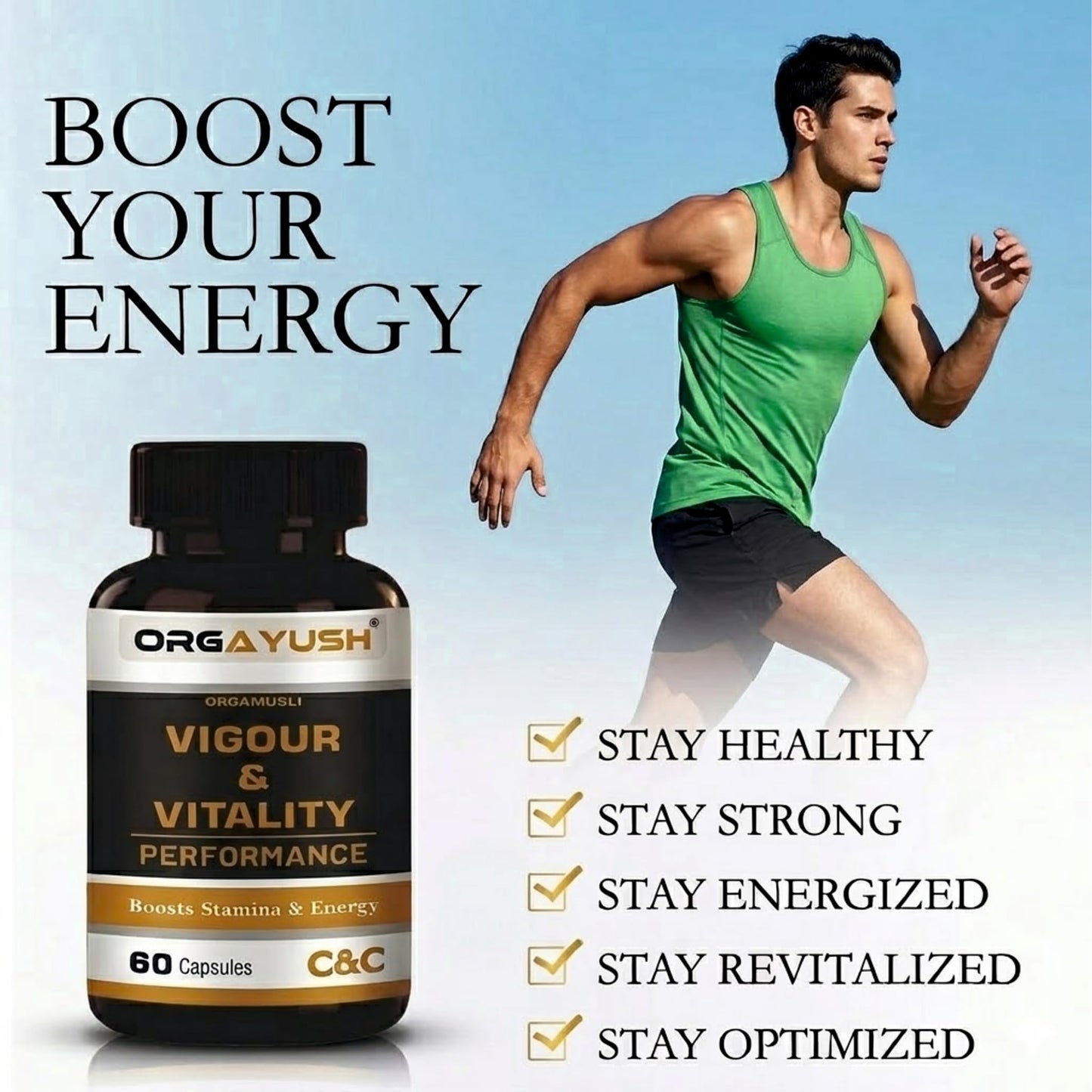 ORGAYUSH Vigour & Vitality Capsules – Energy, Stamina & Muscle Support Supplement with Herbal Extracts, Vitamins & Amino Acids for Performance & Recovery(Pack of 1)