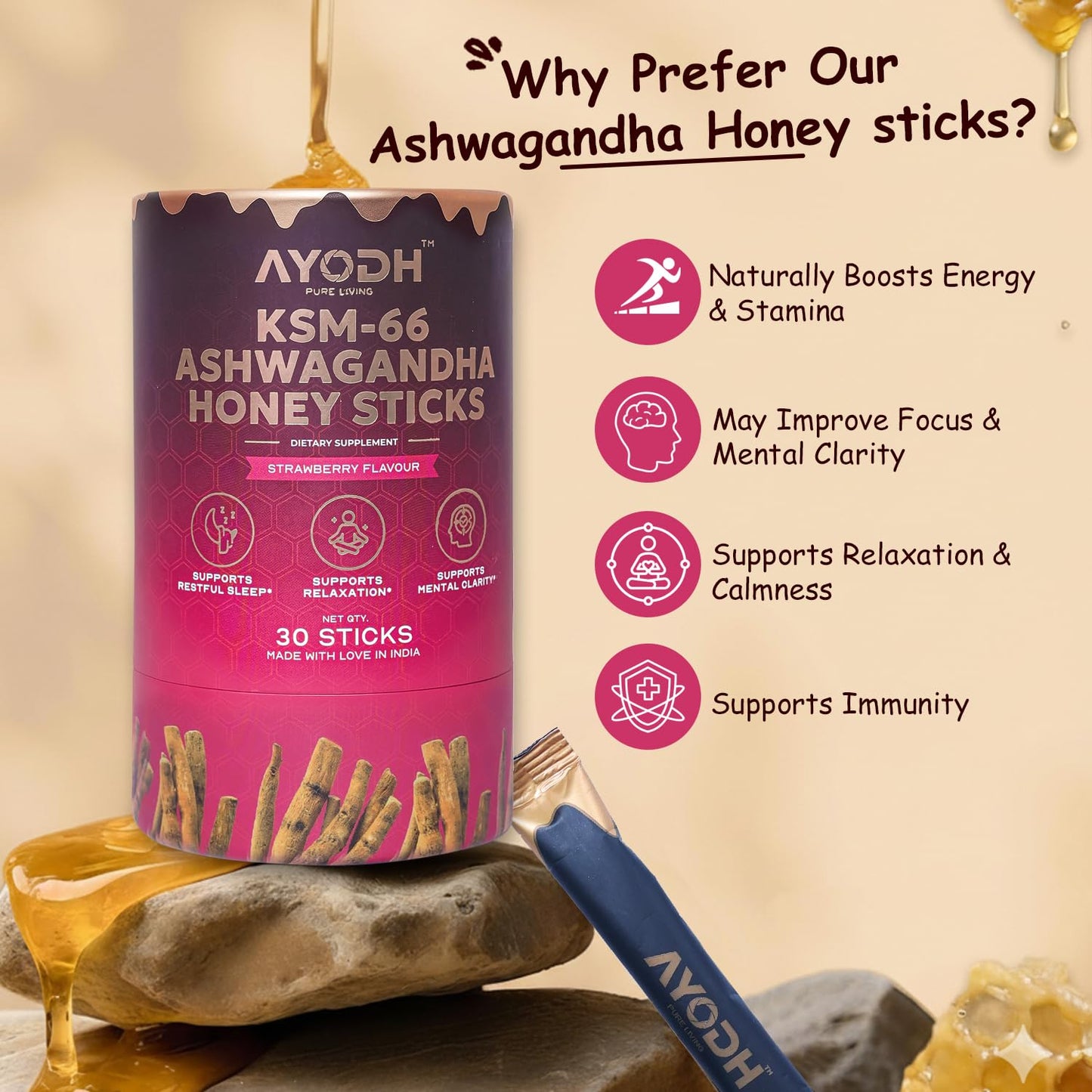 AYODH Pure Ashwagandha KSM66 Honey Sticks with Natural Honey Vanilla 30 SingleServe Packets for Relaxation Focus Immunity – Pack of 2 – Men & Women