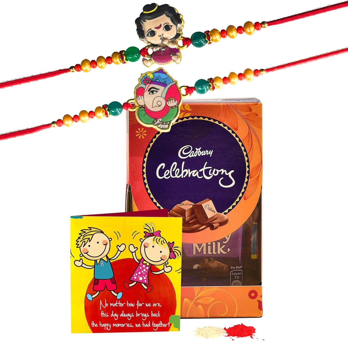 TIED RIBBONS Set of 2 Rakhi for Kids with Chocolates Gift Pack - Krishna and Ganesh Rakhi for Kids Boy with Celebrations Chocolates Greeting Card and Roli Chawal Tikka