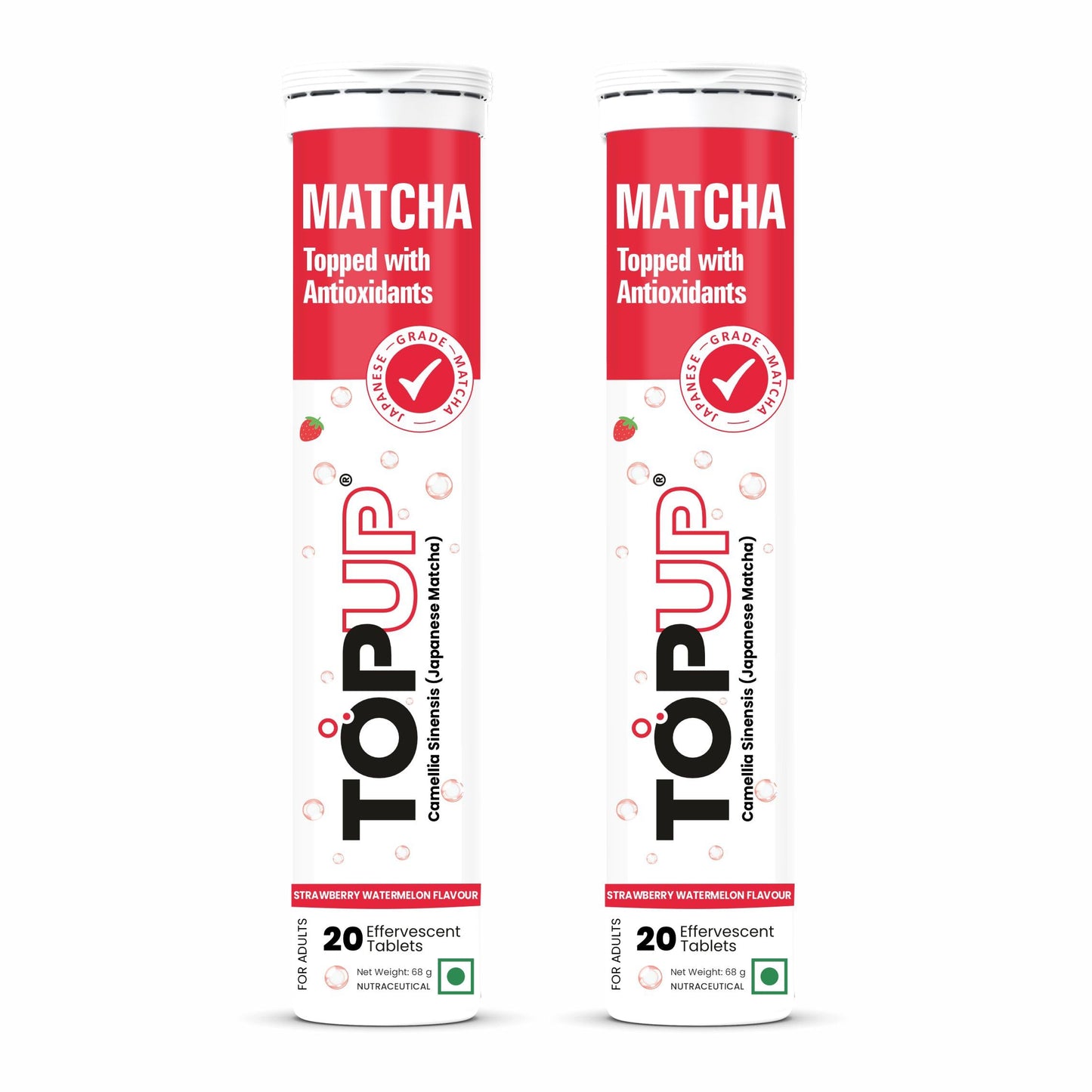TopUp Organic Japanese Matcha Green Tea Effervescent Tablets for Energy & Focus | Helps Detox & Clear Skin | 40 Tablets (Pack of 2) (Strawberry watermelon Flavor)