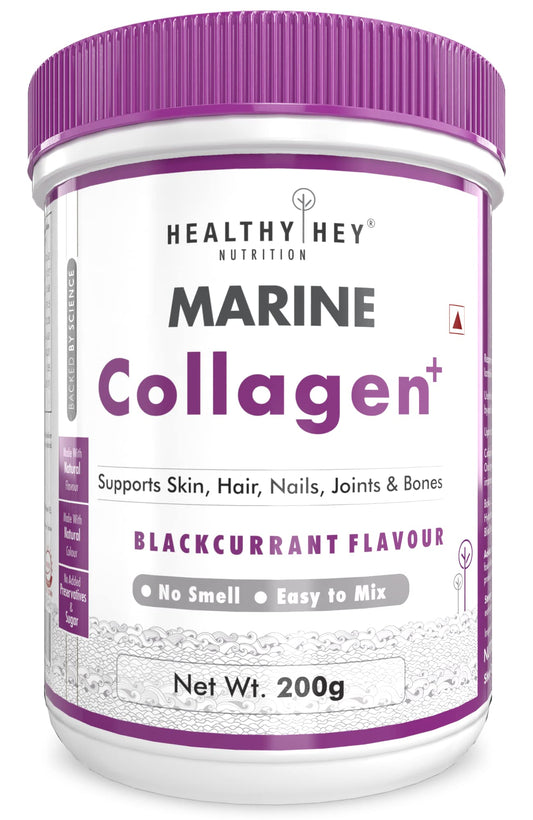 HealthyHey Marine Collagen Powder - Hydrolyzed Fish Collagen Peptides | Type 1 & 3 Collagen Supplement with Hyaluronic Acid | For Skin, Hair, Nails (Blackcurrent Flavour 200,g)