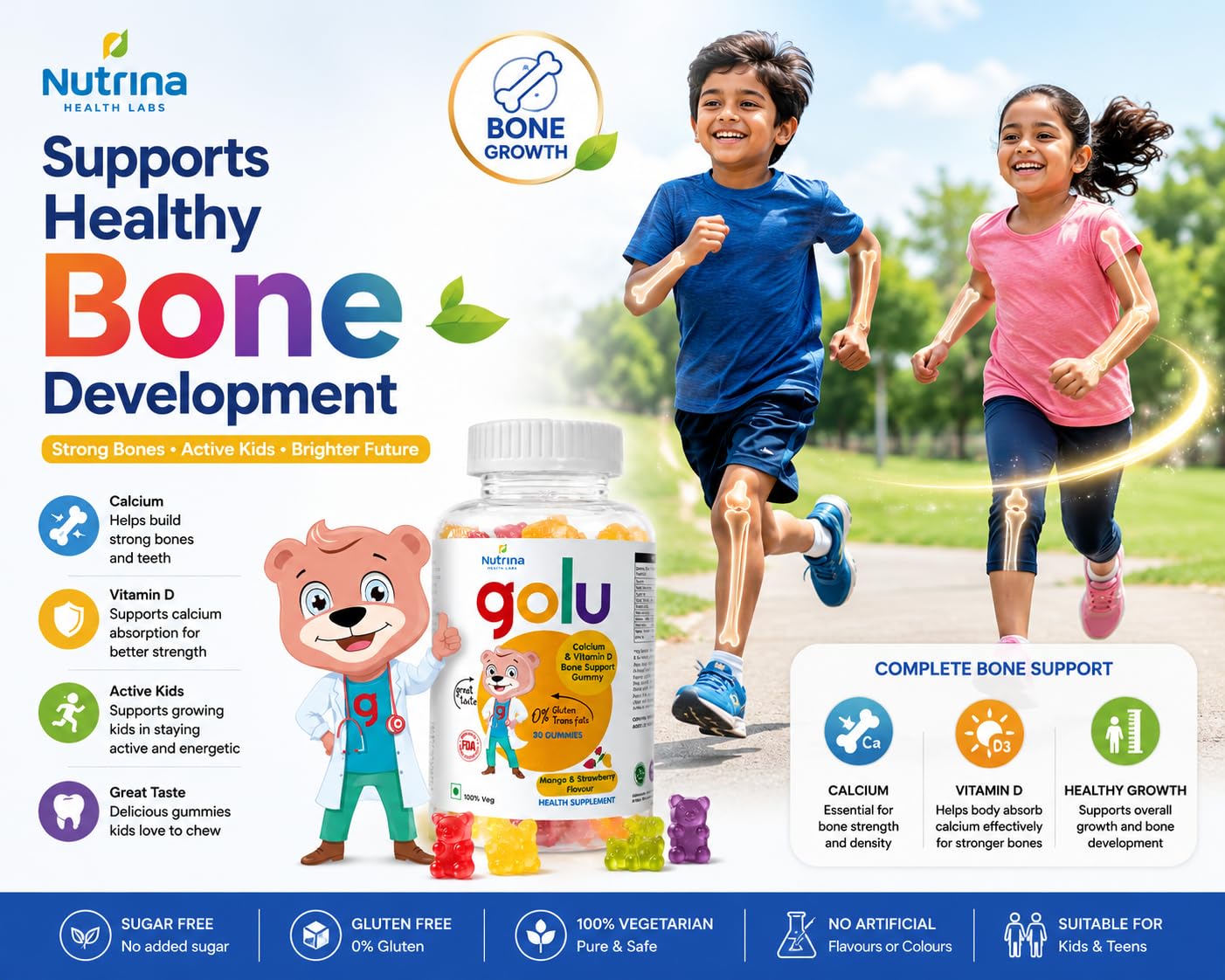 Nutrina Health Labs Golu Vegetarian Calcium+Vitamin D Gummy for Kids (5-13 years) for Strong Bones Teeth and Healthy Muscles, Nut free, Gelatin Free | 30 Gummies (1 Bottle of 30 Gummies)