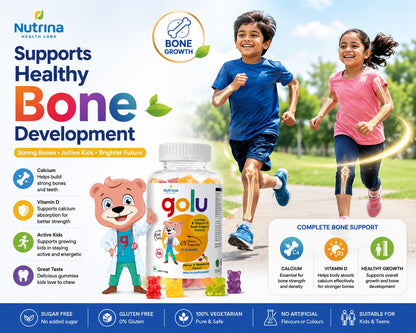 Nutrina Health Labs Golu Vegetarian Calcium+Vitamin D Gummy for Kids (5-13 years) for Strong Bones Teeth and Healthy Muscles, Nut free, Gelatin Free | 30 Gummies (1 Bottle of 30 Gummies)