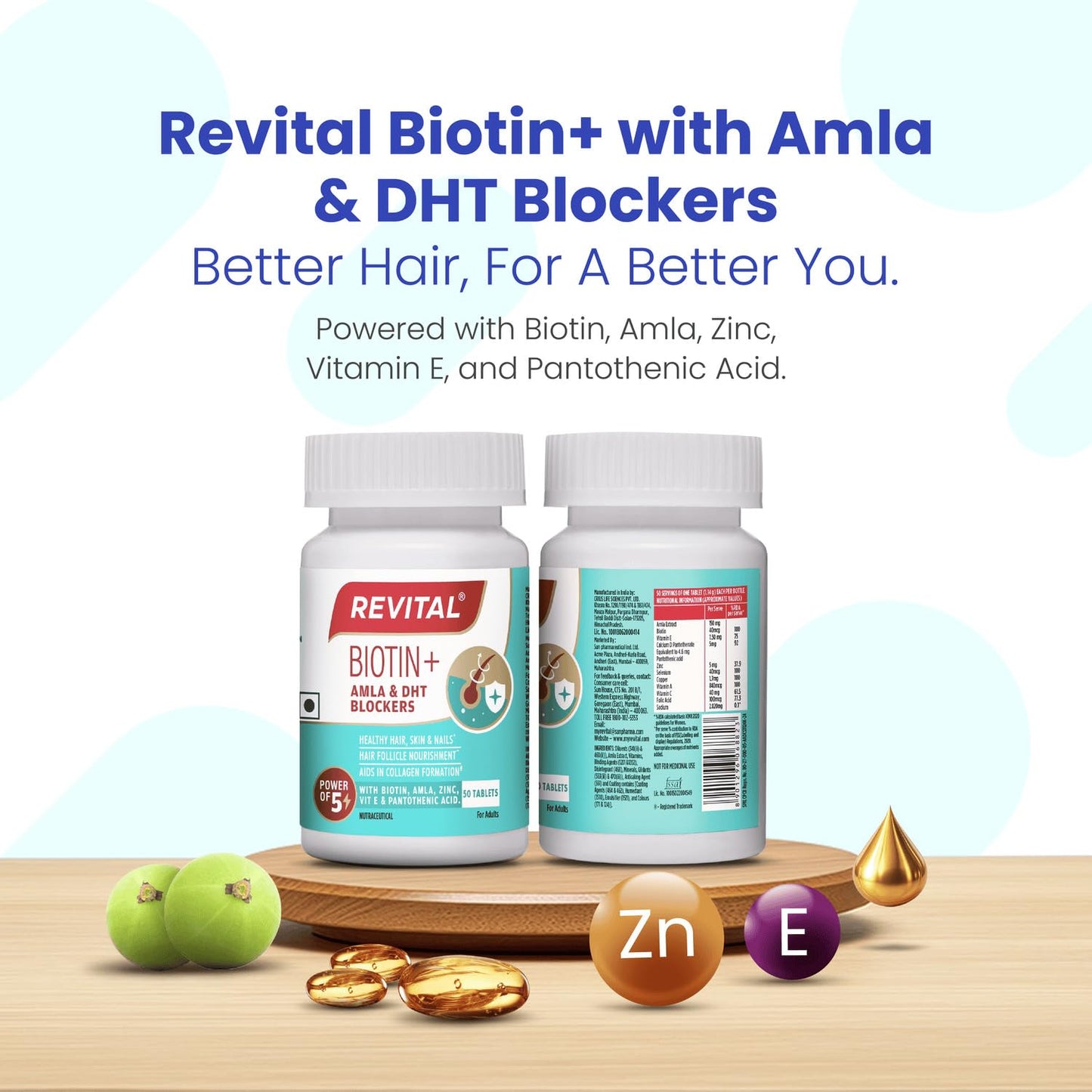 Revital Biotin+ with Amla and DHT Blockers for Hair Growth | Biotin, Amla, Zinc, Vitamin E & Pantothenic Acid | Supports Hair Strength & Skin Health | 50 tablets