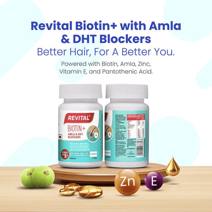 Revital Biotin+ with Amla and DHT Blockers for Hair Growth | Biotin, Amla, Zinc, Vitamin E & Pantothenic Acid | Supports Hair Strength & Skin Health | 50 tablets